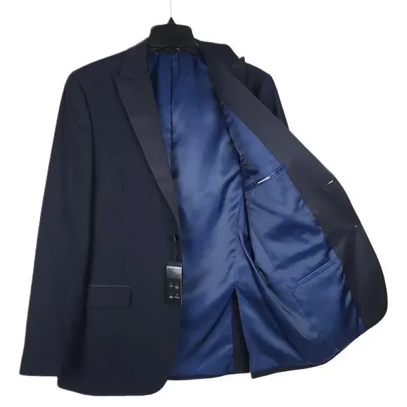 Alfani Mens Slim Fit 2 Piece Tuxedo Suit 42L 33x32 Navy Stretch Diamond Grid NWT